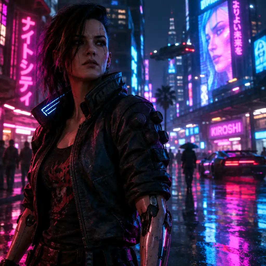 Cyberpunk 2077 – V na neonowej ulicy Night City z widocznymi implantami