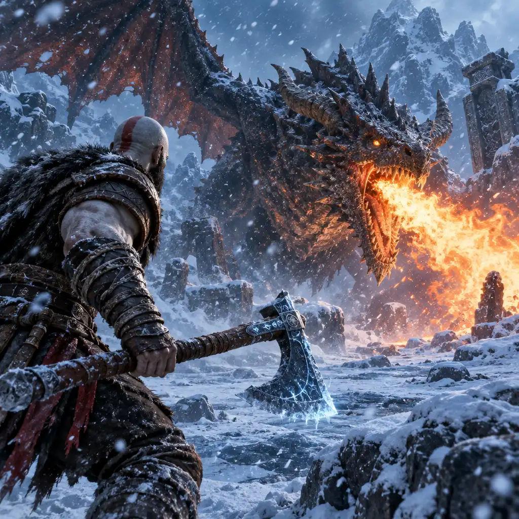 Kratos walczący z ogromnym smokiem w zaśnieżonej arenie w God of War Ragnarök