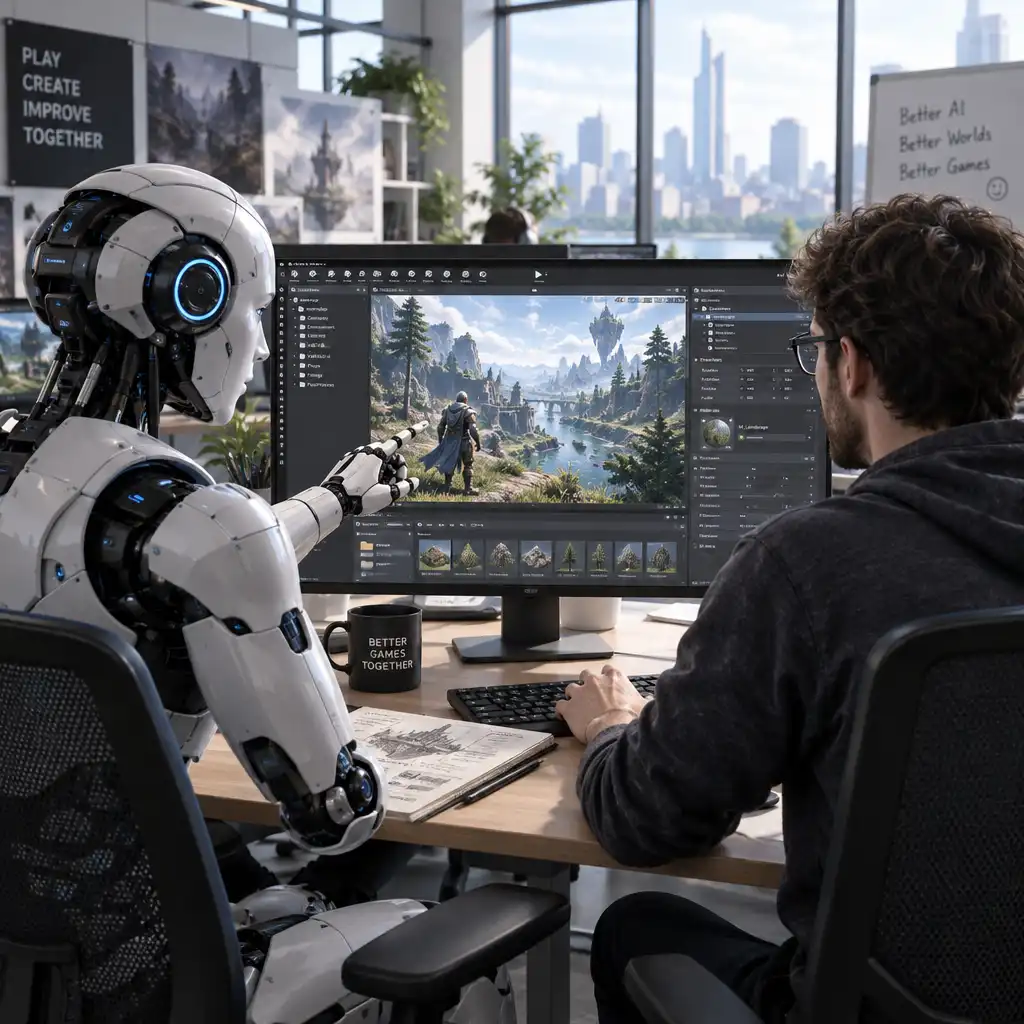 Humanoidalny robot i człowiek współpracują przy biurku z komputerem w nowoczesnym studiu