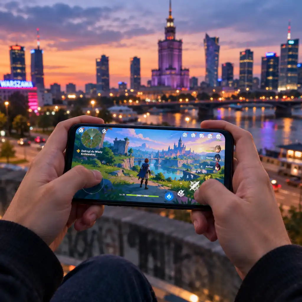 Osoba trzyma smartfon z kolorową grą, w tle miejski krajobraz Warszawy o zmierzchu