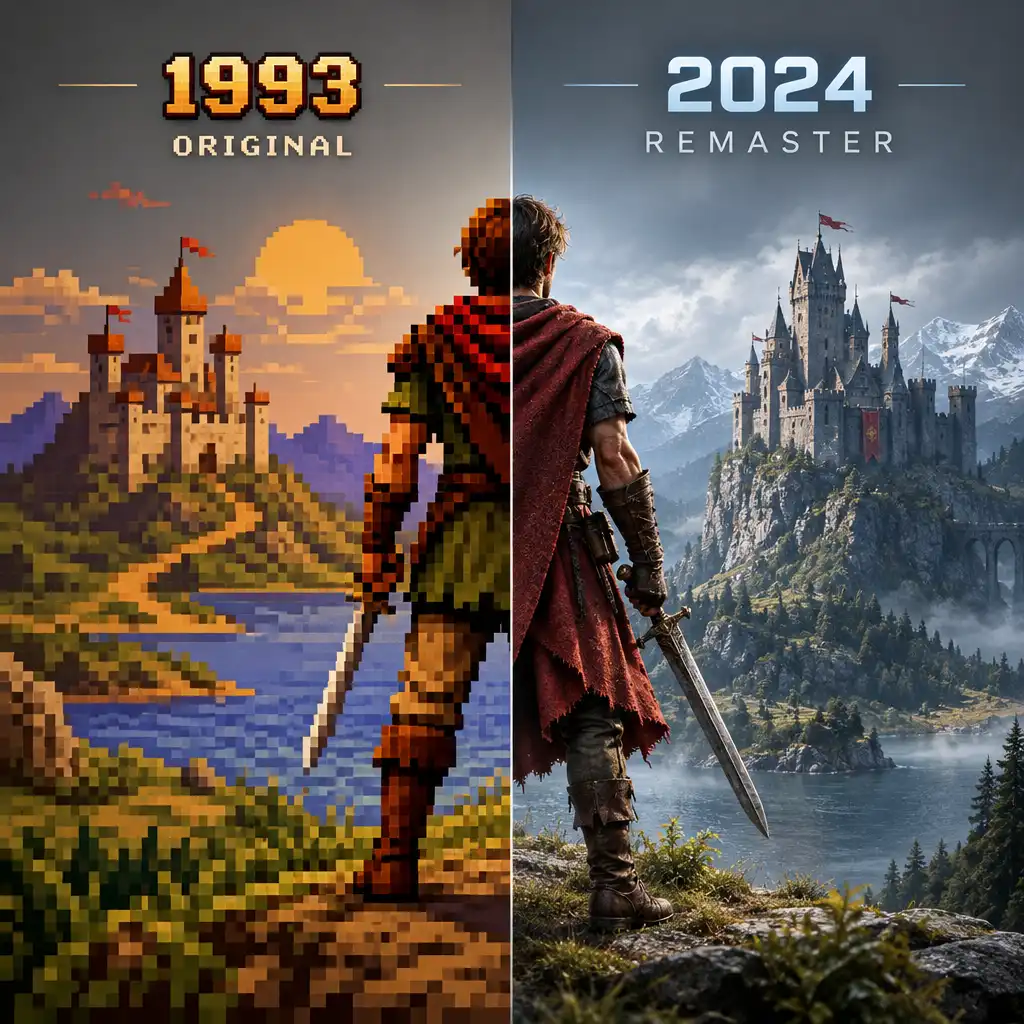 Porównanie pikselowej grafiki z lat 90. i nowoczesnego remasteru