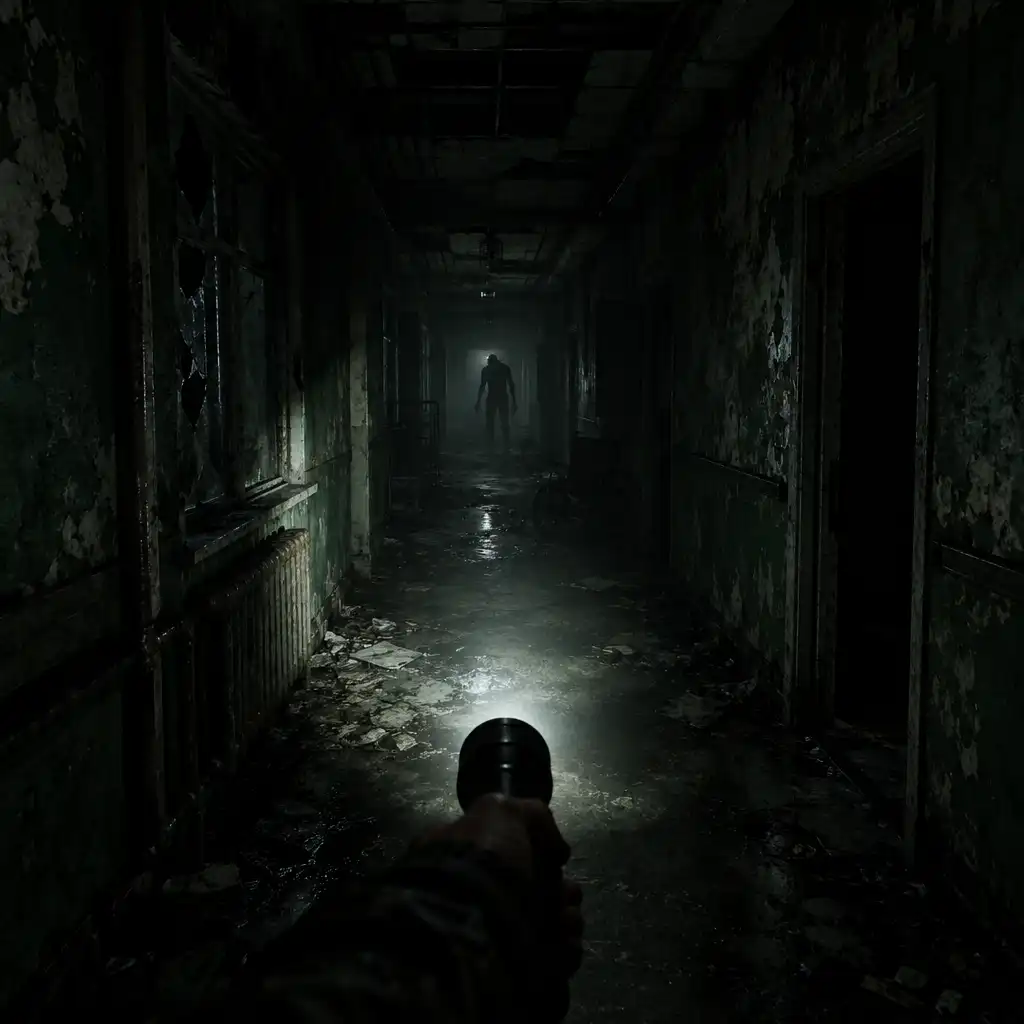 Ciemny korytarz z latarką i przerażającą sylwetką w grze survival horror