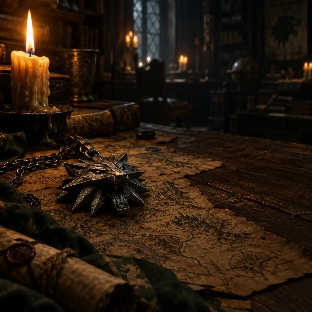 Wilczy medalion na starym stole w klimacie wiedźmińskiej plotki